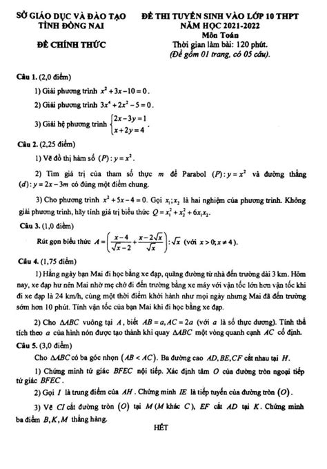 Đề Tuyển Sinh Lớp 10 Môn Toán Năm 2021 2022 Sở GdandĐt Đồng Nai