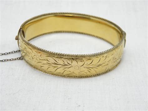 Bargain Vintage 9ct Gold Metal Core Floral Engraved Cuff Hinged Bracelet For Sale At 1stdibs