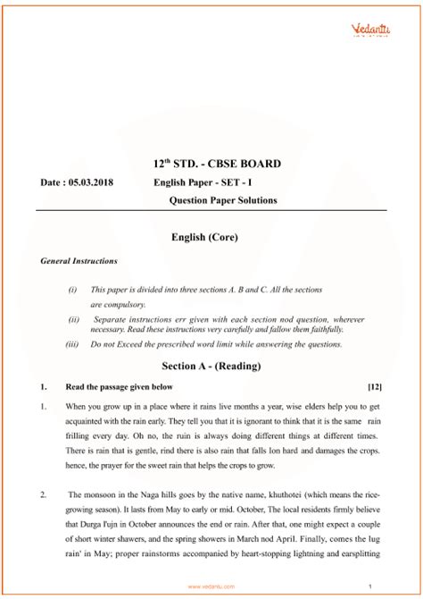 Cbse Class 12 English Core Question Paper 2018 Free Pdf