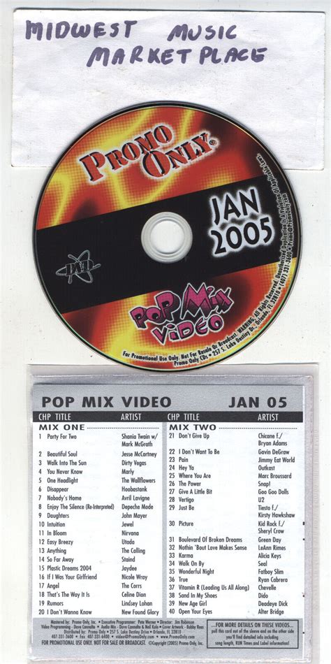 Pop Mix Video January 2005 Promo Only Dvd Avril Lavigne Shania Twain