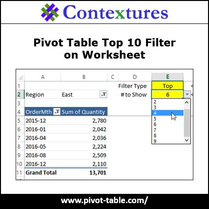 pivot table top  filter  worksheet values excel pivot tables