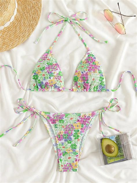 Random Floral Print Bikini Set Smocked Halter Triangle Bra Top Tie