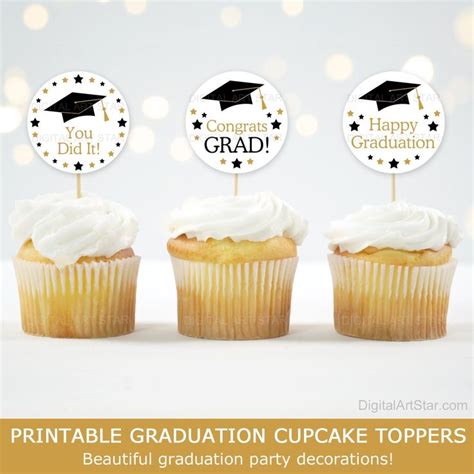 Three Cupcakes With Graduation Decorations On Them And The Words