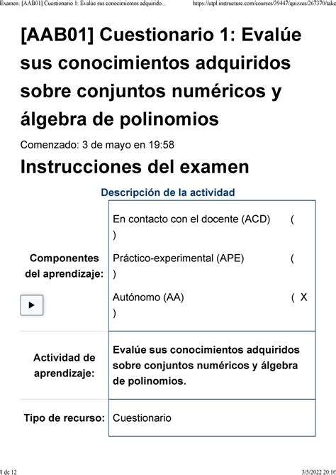 Examen AAB01 Cuestionario 1 Evalúe sus conocimientos adquiridos sobre