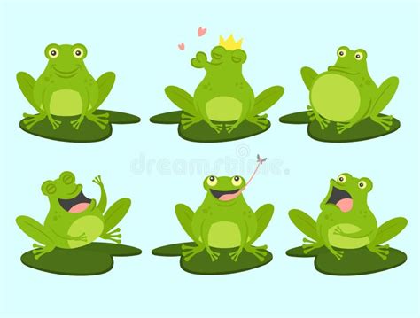 Cartoon Frogs Sitting On Lily Leaves At Pond Nature Environment