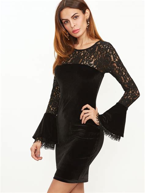 Shein Black Floral Lace Shoulder Bell Sleeve Velvet Dress Dresses