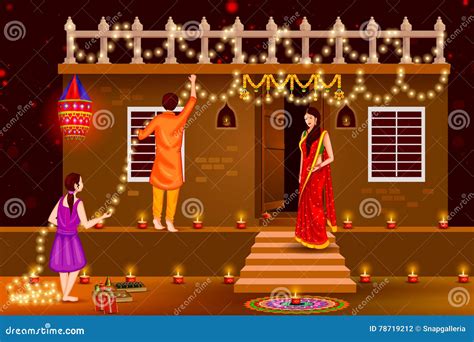 People Celebrating Happy Diwali Holiday India Background Stock Vector