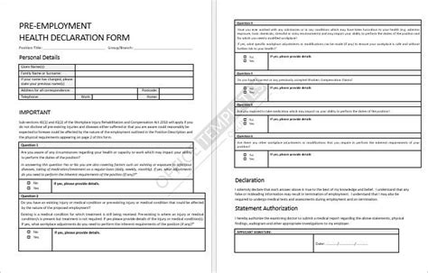 Free Pre Employment Health Declaration Form Template For Ms Word Human