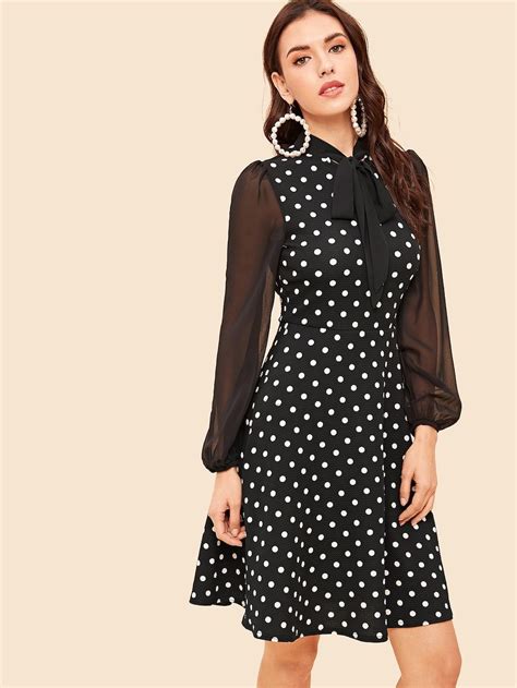 Shein S Mesh Sleeve Tie Neck Textured Dot Dress Work Outfits Women