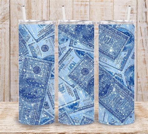 Digital Luxury Blue Glitter Dollar Bill 20oz Tumbler Wrap Png