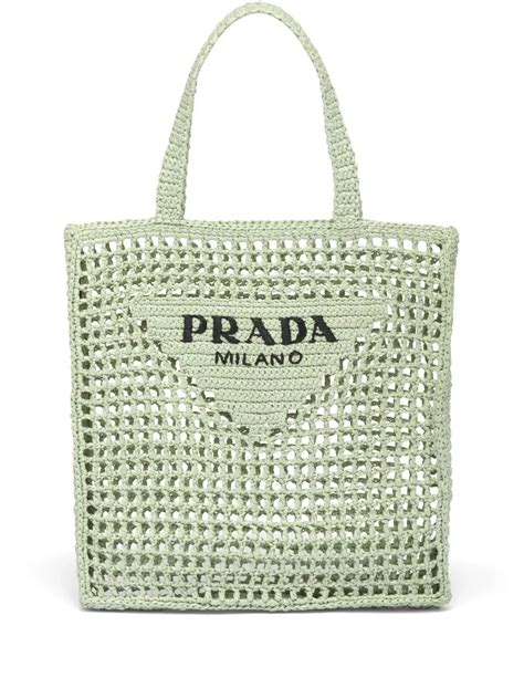 Triangle Logo Crochet Rafia Tote Bag From PRADA Featuring Green