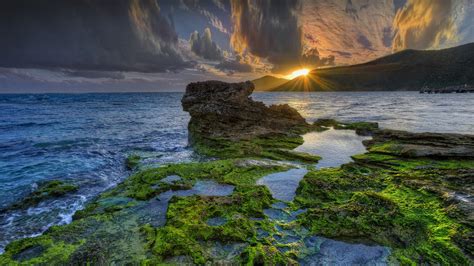 Nature Landscape Far View Clouds Moss Sun Sun Rays Horizon Sea