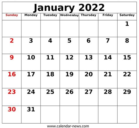 January Calendar Template For Pdf Excel And Word