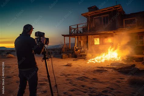 Behind the Scenes of action movie production. Car burning with smoke in ...