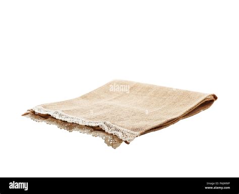 Empty Canvas Napkin With Lace Tablecloth Isolated On White Background