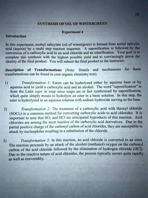 Solved Synthesis Of Oil Of Wintergreen Experiment Introduction In This Experiment Methyl