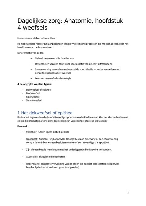 Weefsels Hoofdstuk 4 Samenvatting Anatomie En Fysiologie Dagelijkse