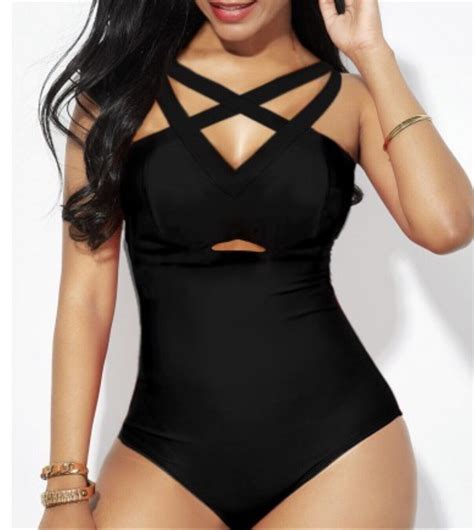 Women’s Black One Piece Slimming Criss Cross Sexy Swimsuit Cut Bathing M Medium Ebay