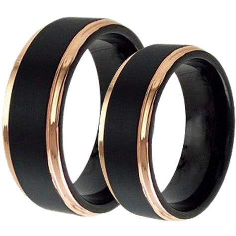 Linden Black Tungsten Wedding Band Set With Rose Gold Plated Stepped Edges 6mm And 8mm The