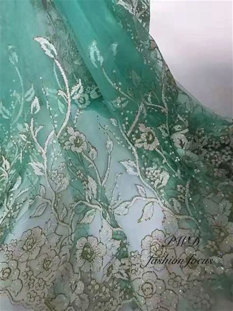 Light Green White Flower Sequins Glued Glitter French Net Fabric