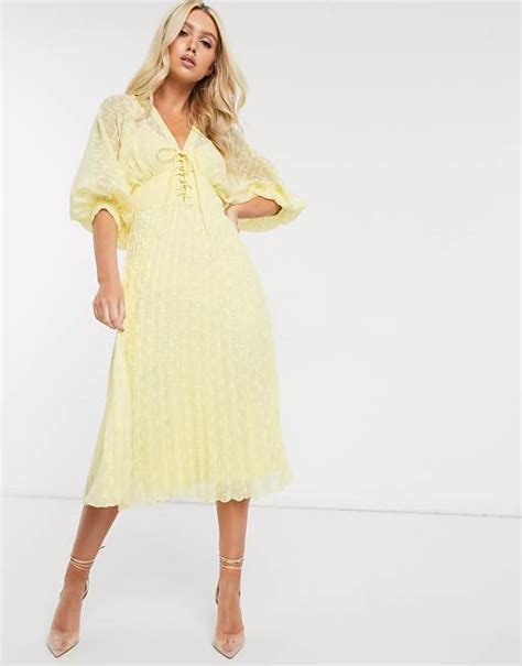 Asos Design Pleated Dobby Midi Dress With Lace Up Front In Yellow Asos