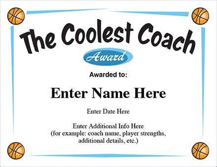 Coolest Coach Basketball Award Certificate - Template