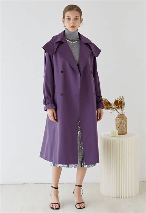 Storm Flap Double Breasted Belted Trench Coat In Purple Retro Indie And Unique Fashion