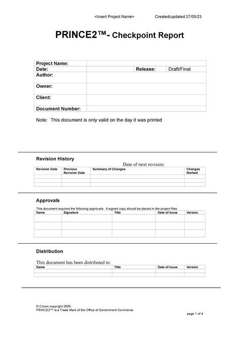 Checkpoint Report Checkpoint Report Created Updated 27 05 PRINCE2