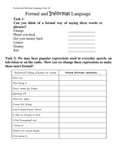 Formal And Informal Language Worksheet