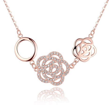 Sterling Silver Rose Gold Plated Gemstone Hollow Rose Flower Pendant