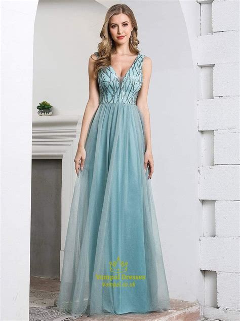 Dusty Blue Sequin Top Tulle Bottom V Neck Sleeveless Tulle Prom Dress