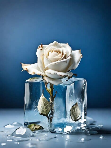 Premium Photo White Rose Frozen In Ice Cube On Blue Background With