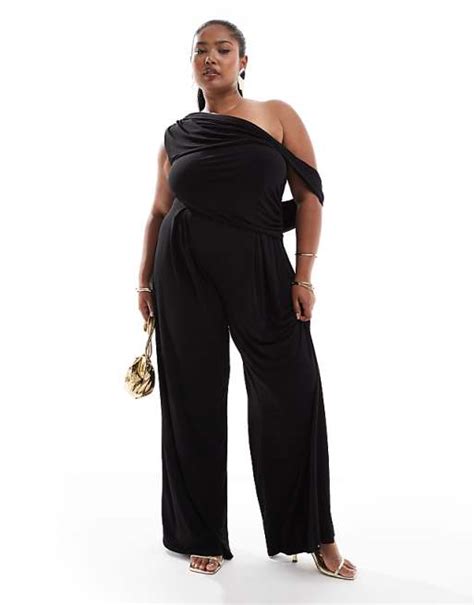 Asos Design Curve Fallen Shoulder Wide Leg Jumpsuit In Black Asos