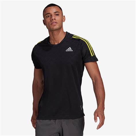 Adidas Own The Run 3 Stripe T Shirt Blackblackacid Yellow Mens Clothing Prodirect Soccer