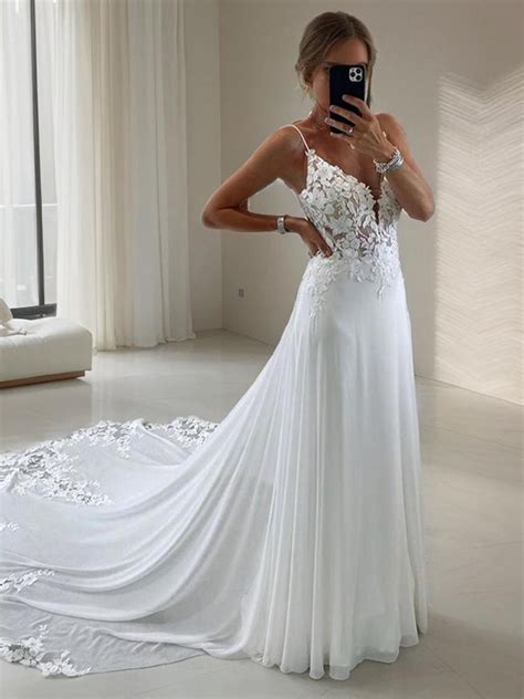 A Line Princess V Neck Chapel Train Chiffon Wedding Dresses With