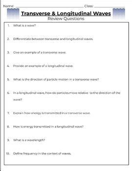 Transverse Longitudinal Waves Review Questions Sheet Middle School