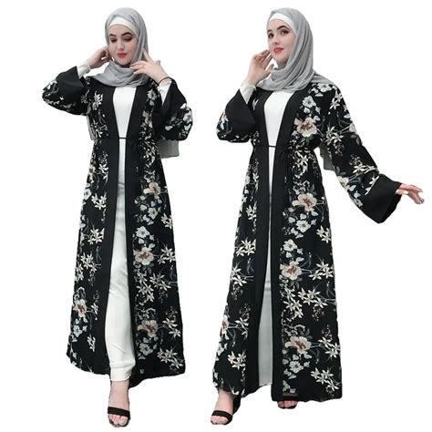 Muslim Flower Print Long Open Front Cardigan Dubai Kimono Abaya Kaftan