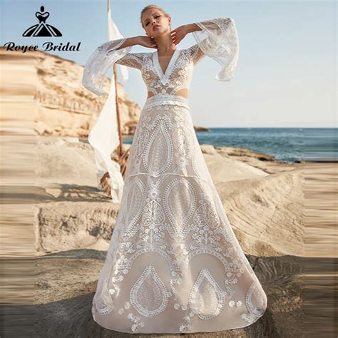 Beach Boho A Line Wedding Dress For Women Sexy V Neck Lace Full Flare