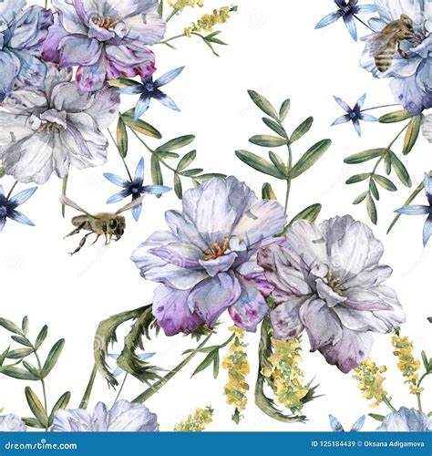 Background of Roses with Wildflowers and Bees. Seamless Pattern Stock Illustration ...