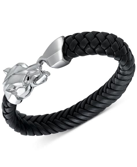 Effy Men S Woven Leather Panther Bracelet In Sterling Silver In Black