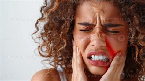 A woman holds her cheek while suffering from a toothache, depicting the