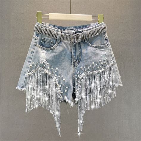 Sparkling Tassel Beaded Denim Shorts Etsy