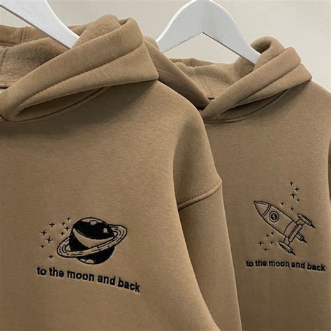 Couple Embroidered Space Rocket And Moon Hoodies Sweatshirts Etsy