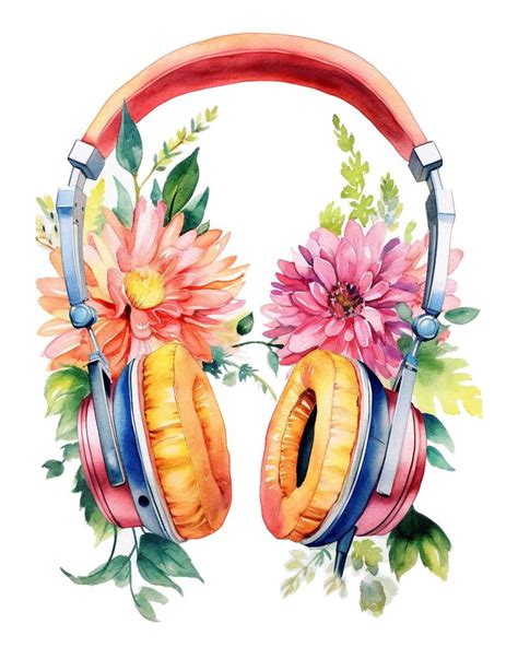 Watercolor Floral Headphones Digital Art Print Instant Download