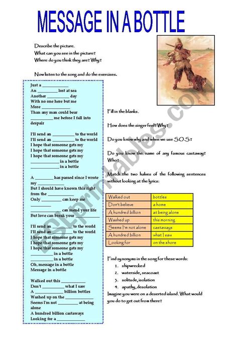 Message In A Bottle Esl Worksheet By Saninfe