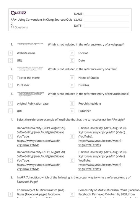 Citing Sources Worksheets For Th Year On Quizizz Free Printable