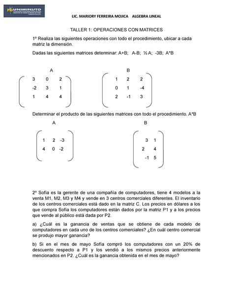 Taller Operaciones CON Matrices Y Problemas Solo TALLER 1