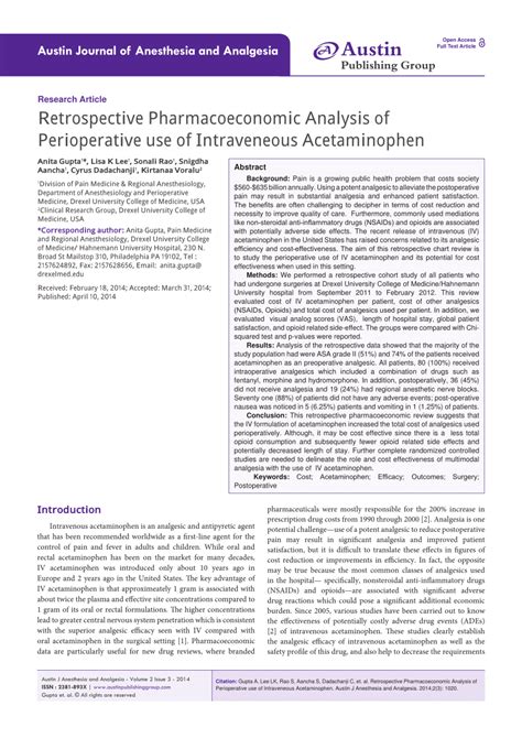 PDF Retrospective PHarmacoeconomic Analysis Of Perioperative Use Of