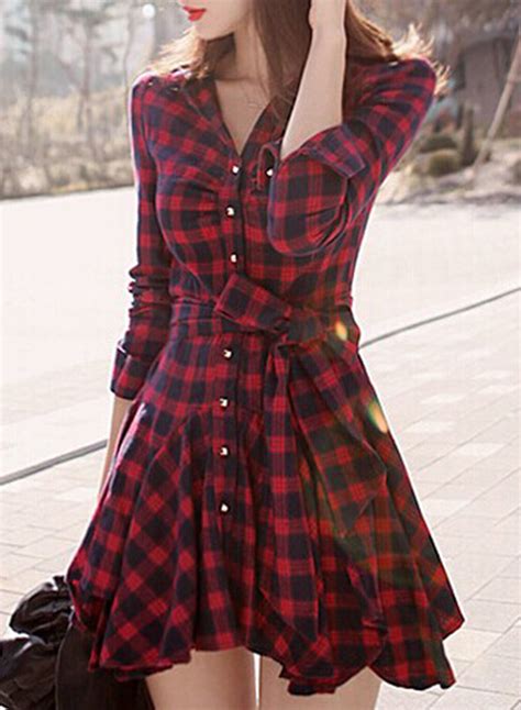 Womens Fashion Long Sleeve Plaid Shirt Dress With Belt