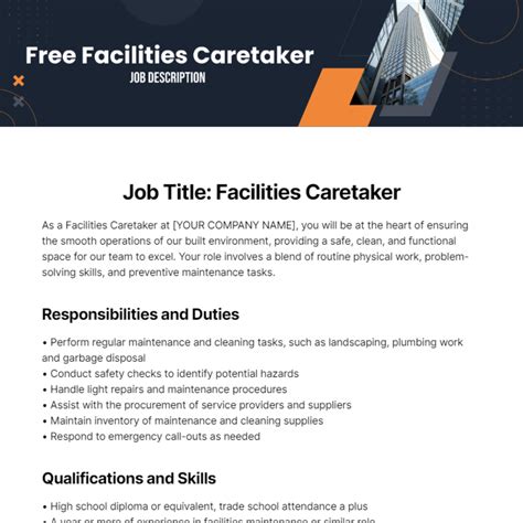 Free Facilities Caretaker Job Description Template - Edit Online & Download | Template.net